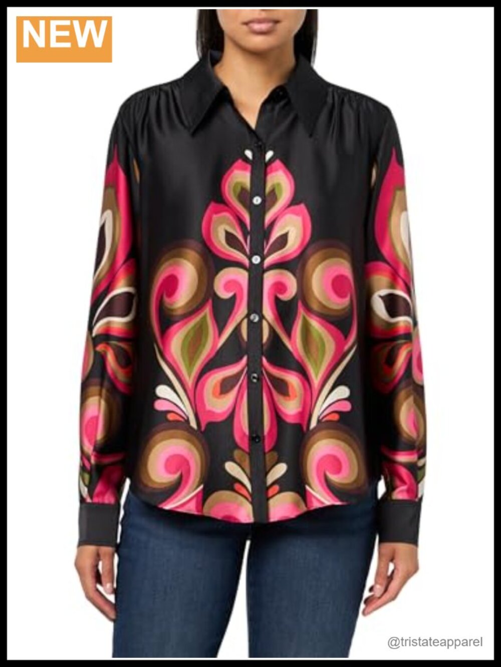Trina Turk Cassavetes Border Button Down Blouse Long Cuffed Sleeves Collared
